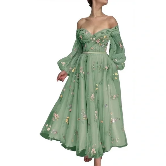 GREEN Women's Puffy Sleeve Tulle Prom Dresses Tea Length Flower Lace. - Picture 2 of 3